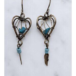 Silver Tone Heart Shaped Wire Wrap Dangle Earrings Faux Turquoise Feather Accent